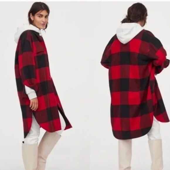 H&M Plaid Oversized Shirt Jacket Shacket Red Black Small Blogger Favorite - Picture 1 of 15